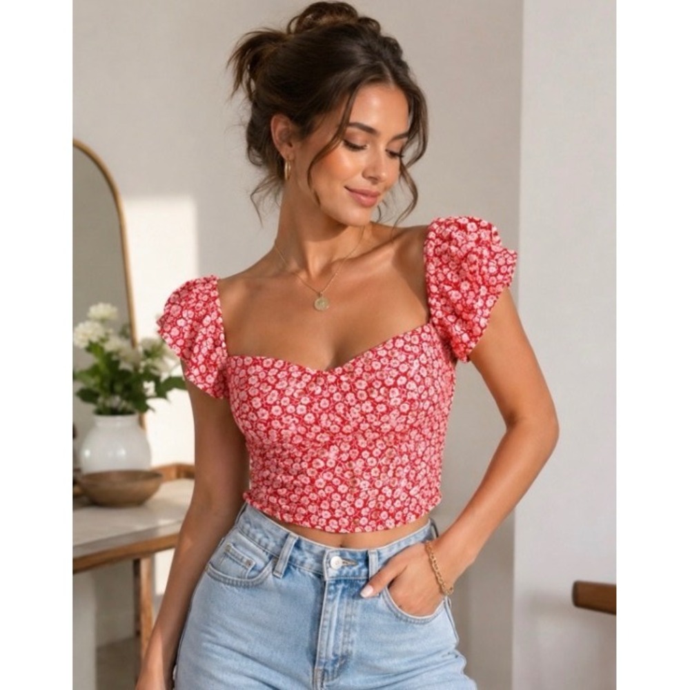 Abercrombie & Fitch Floral Crop Top Womens XS Red Excellent‎ Puff Sleeve Smocked
